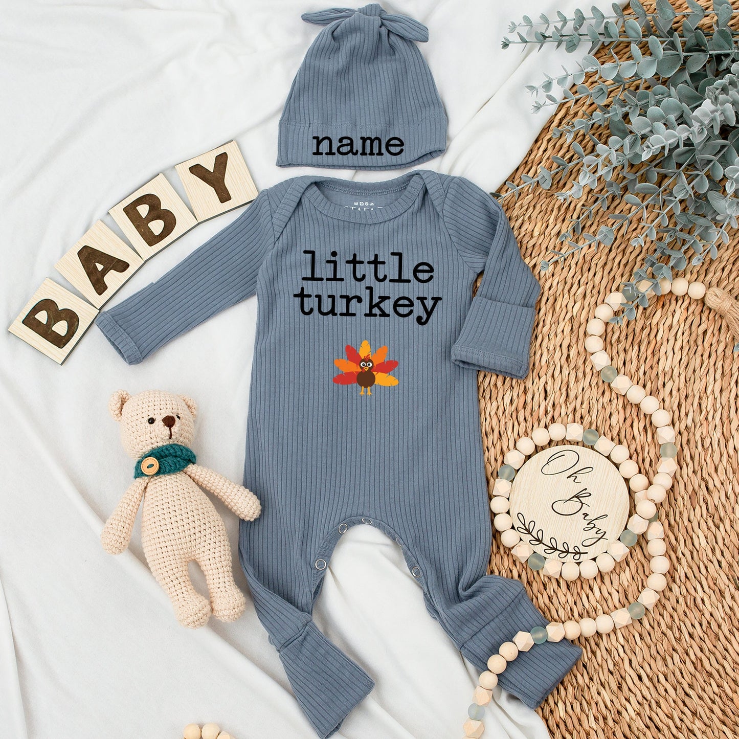 Thanksgiving Infant Outfit Set: Personalized Bodysuit & Hat for Babies