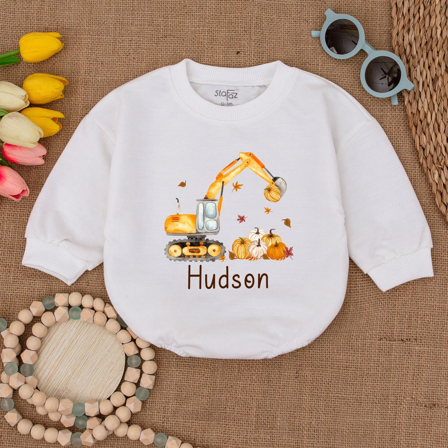 Excavator Pumpkin Bubble Romper: Thanksgiving & Fall Baby Outfit
