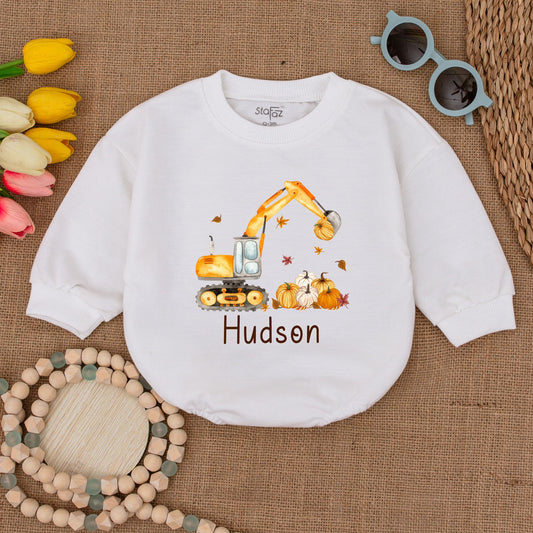 Excavator Pumpkin Bubble Romper: Thanksgiving & Fall Baby Outfit