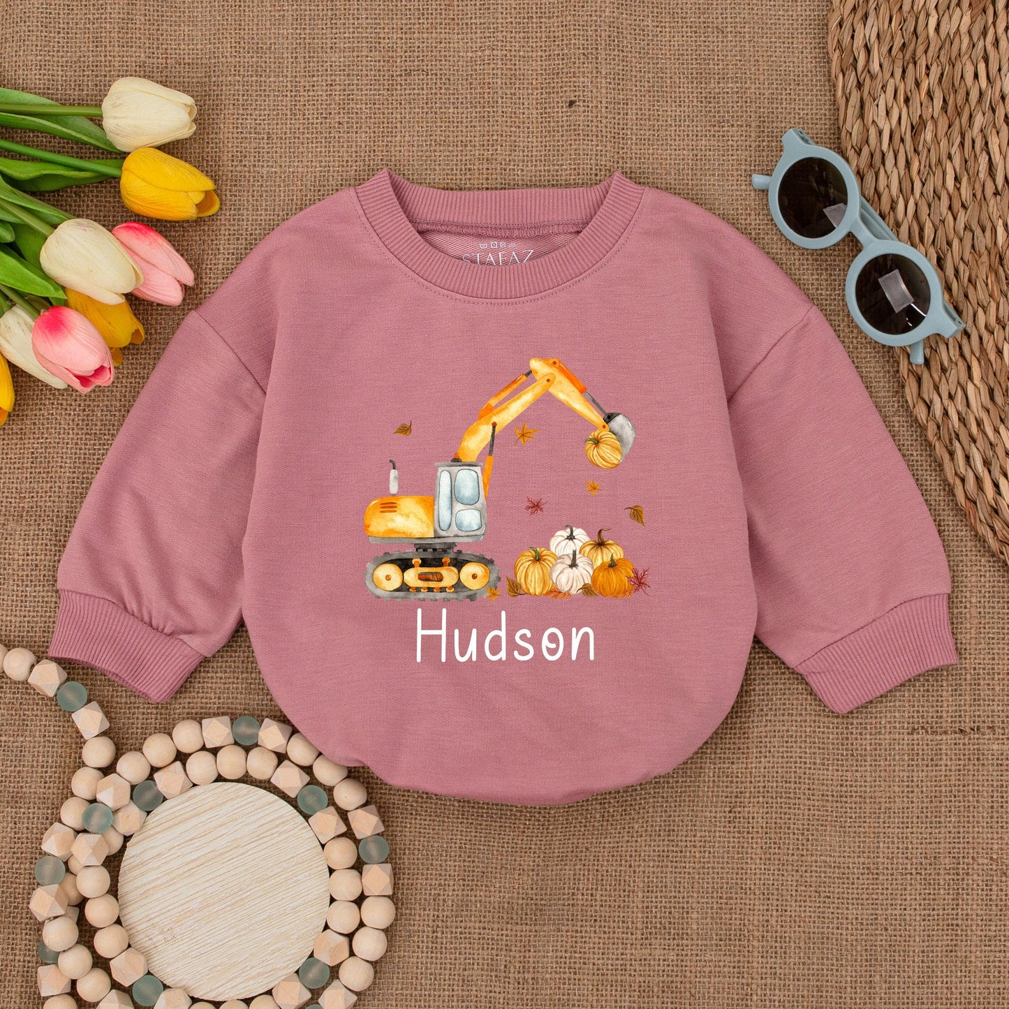 Excavator Pumpkin Bubble Romper: Thanksgiving & Fall Baby Outfit