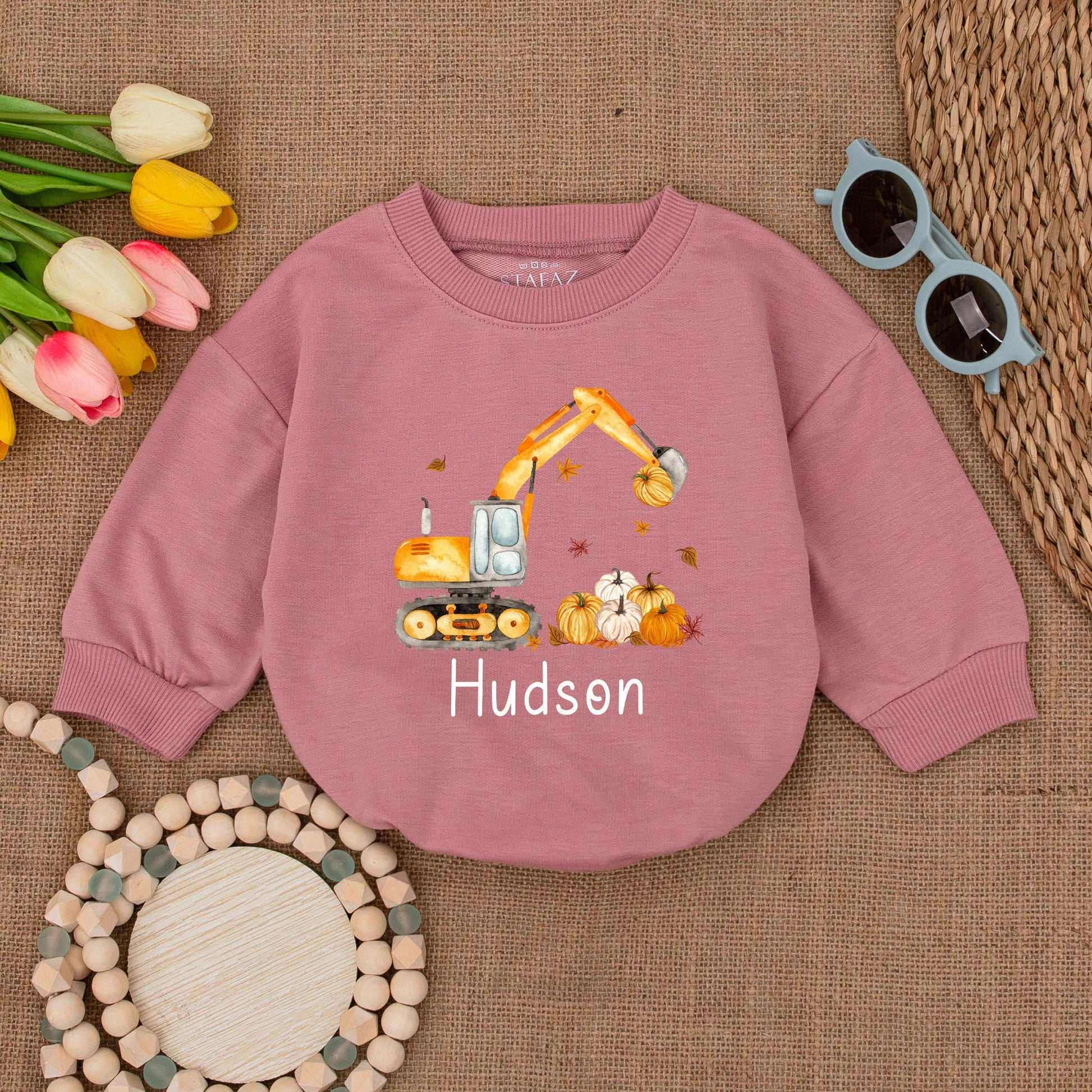 Excavator Pumpkin Bubble Romper: Thanksgiving & Fall Baby Outfit