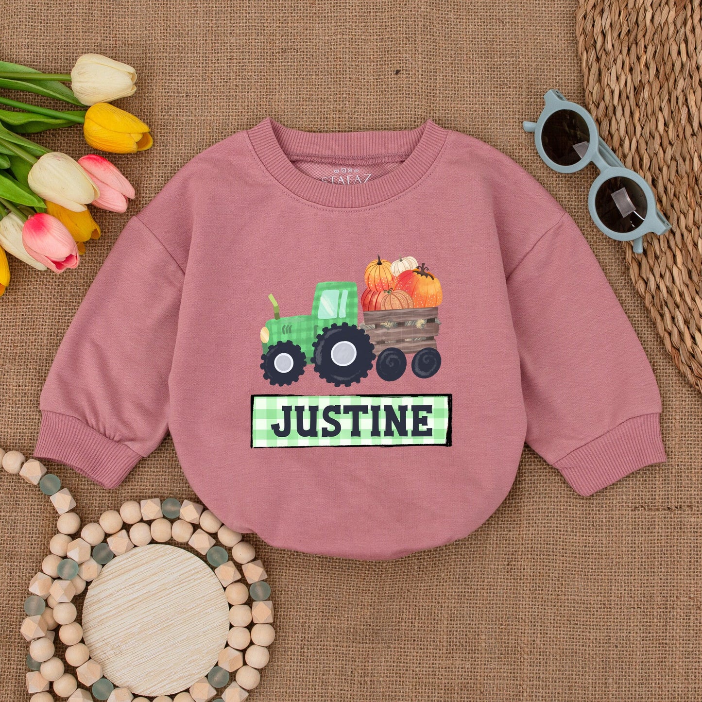 Personalized Pumpkin Tractor Romper - Fall Baby Outfit for Thanksgiving