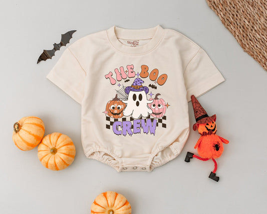 Boo Crew Halloween Romper: Retro Ghost Outfit, Vintage Baby Girl Clothes, Pumpkin, First Halloween Costume, Newborn Outfit, Fall Baby Clothes, Party Outfit
