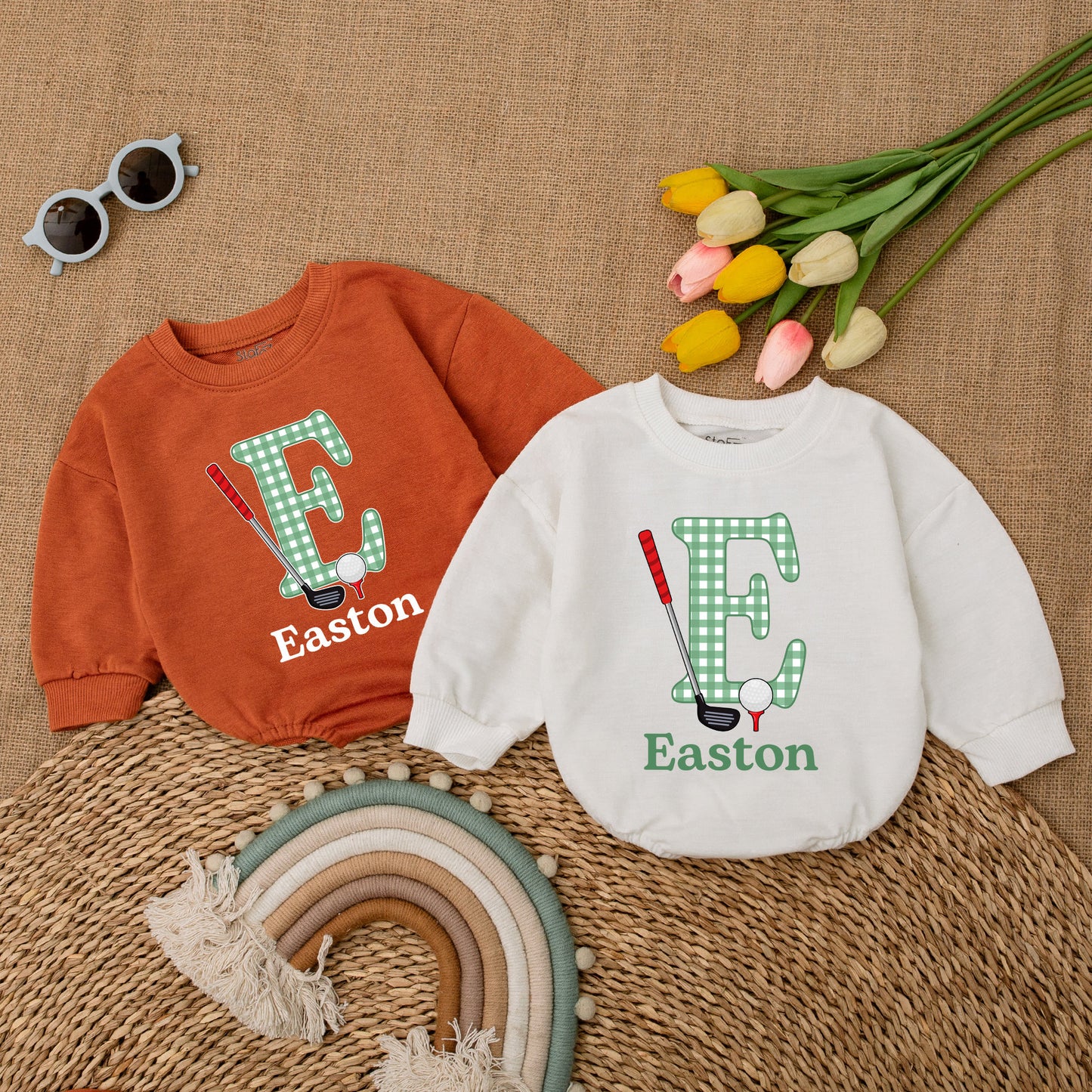 Easton Golf Baby Romper, Custom Name Gingham Letter E Golfing Bodysuit, Newborn Gift, Baby Boy Outfit, Father & Son Clothes