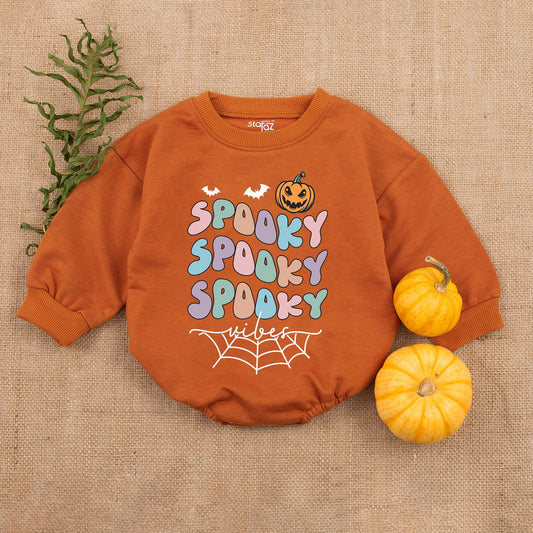 Spooky Bubble Letters Baby Romper Pastel Halloween Outfit First Infant Clothes Whimsical Retro Bats Jack-o-lantern Spiderweb Vibes Pink Blue Green Purple Newborn Bodysuit