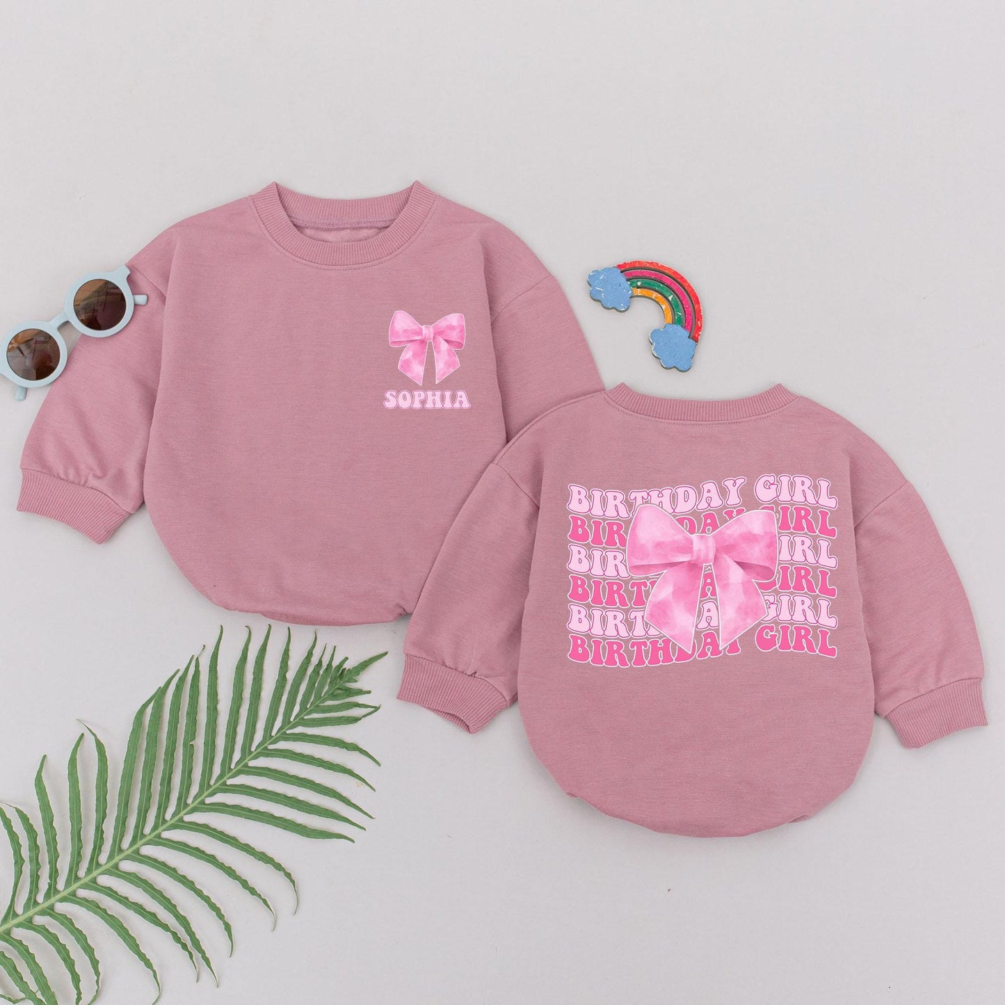 Personalized Pink Bow Birthday Girl Romper First Birthday Baby Outfit Sophia Bodysuit Bubble Romper Newborn Girls Baby Shower Gift