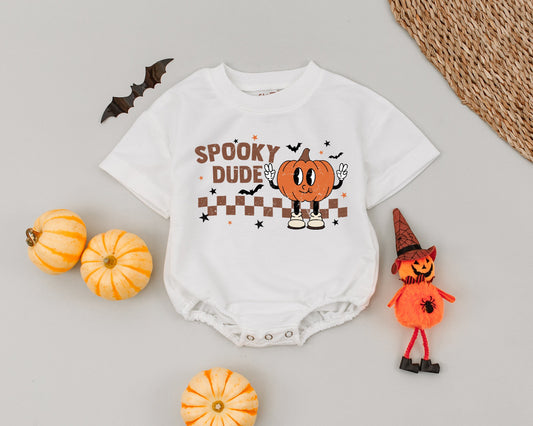 Spooky Dude Halloween Romper Baby Outfit Vintage Pumpkin Retro 1st Halloween Clothes Costume Boy Girl Fall First Birthday Party Outfit Checkerboard 138