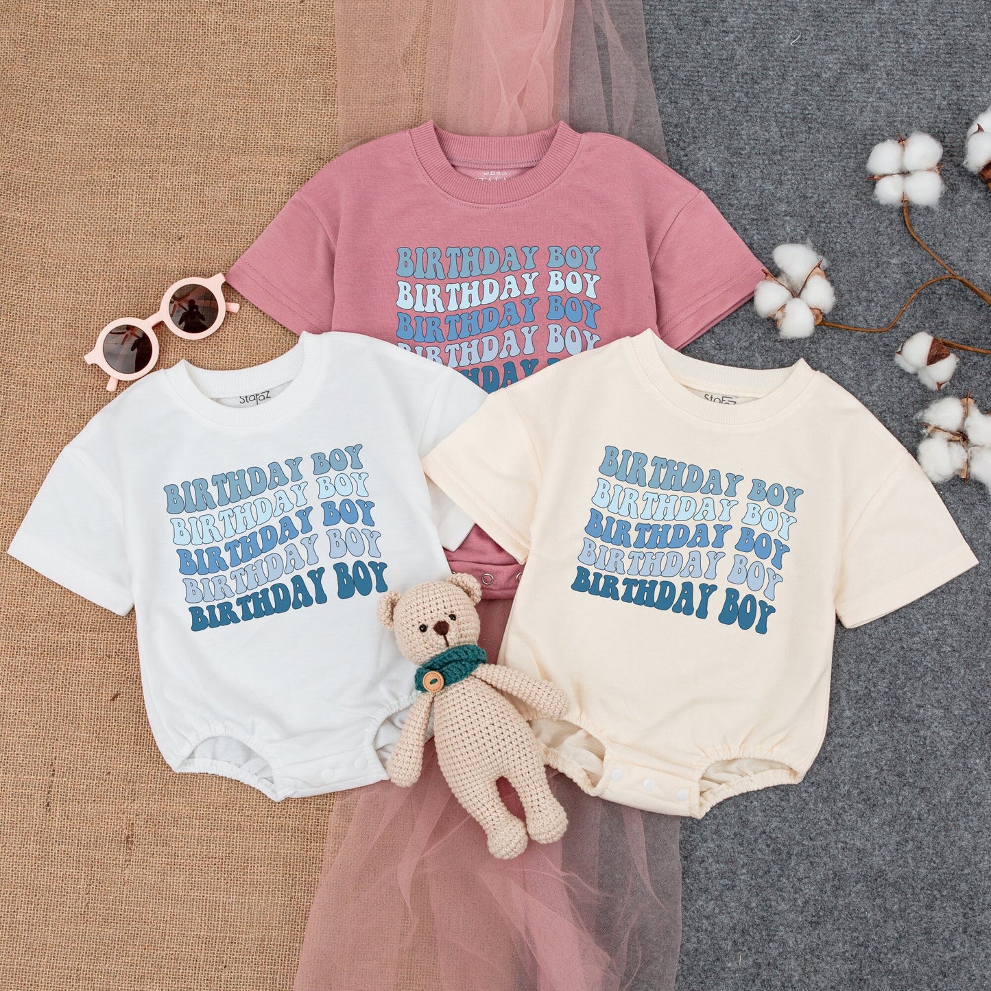 First Birthday Boy Blue Romper Outfit, Cupcake Design, Personalized Short Sleeve Baby Boy Clothes, 1st Birthday Gift, Bubble Romper (138 chars)