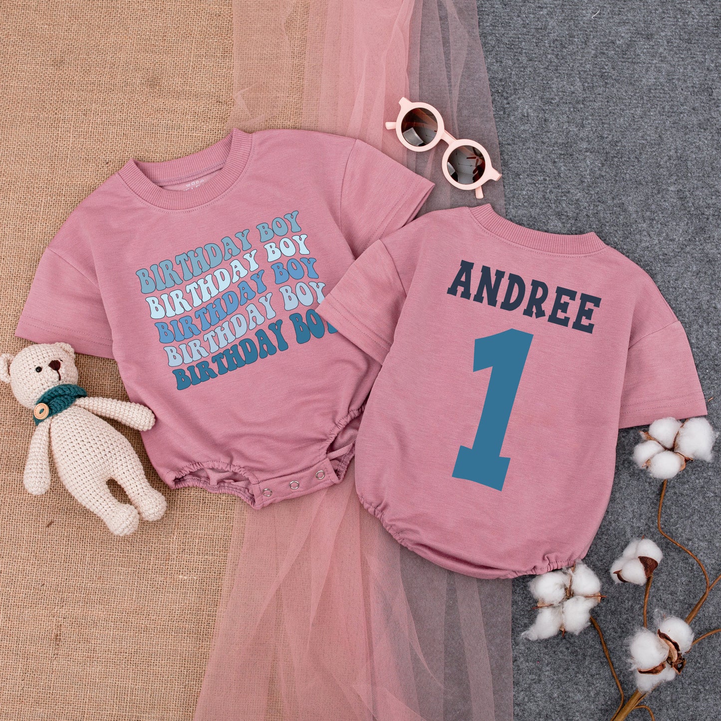 First Birthday Boy Blue Romper Outfit, Cupcake Design, Personalized Short Sleeve Baby Boy Clothes, 1st Birthday Gift, Bubble Romper (138 chars)