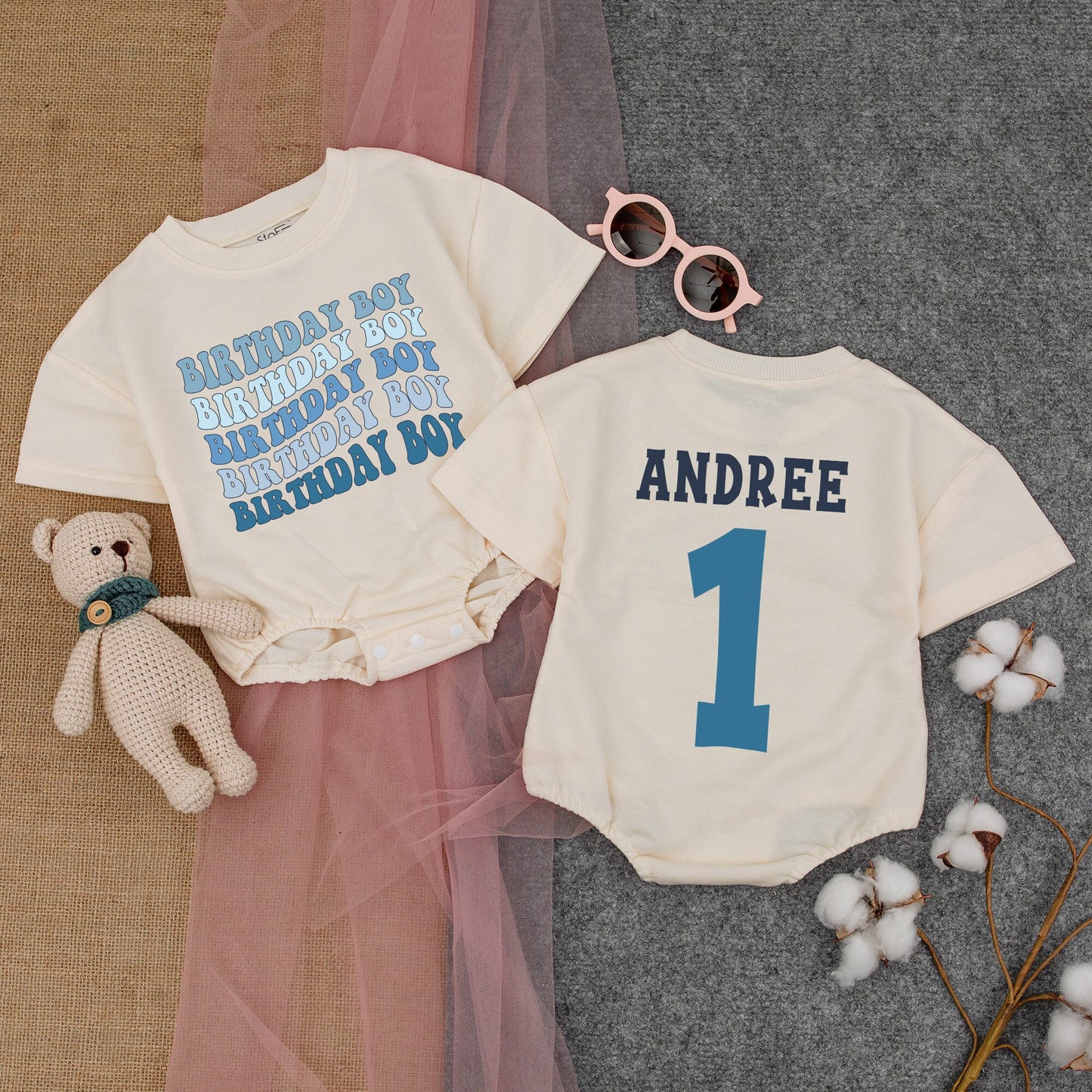 First Birthday Boy Blue Romper Outfit, Cupcake Design, Personalized Short Sleeve Baby Boy Clothes, 1st Birthday Gift, Bubble Romper (138 chars)