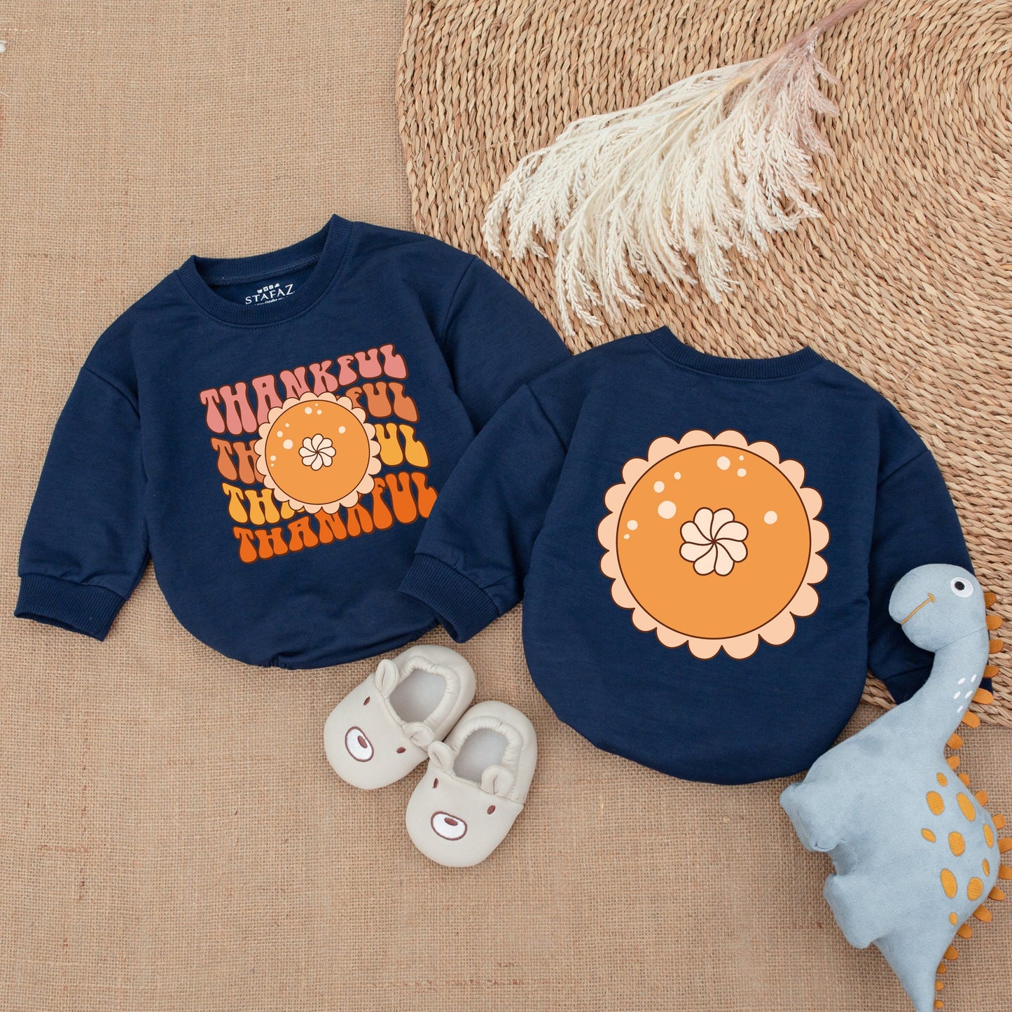 My First Thanksgiving Thankful Baby Bubble Romper Retro Fall Outfit Peach Orange Pie Design Autumnal Infant Clothes Brown Hues