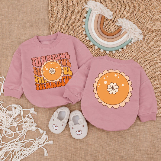 My First Thanksgiving Thankful Baby Bubble Romper Retro Fall Outfit Peach Orange Pie Design Autumnal Infant Clothes Brown Hues
