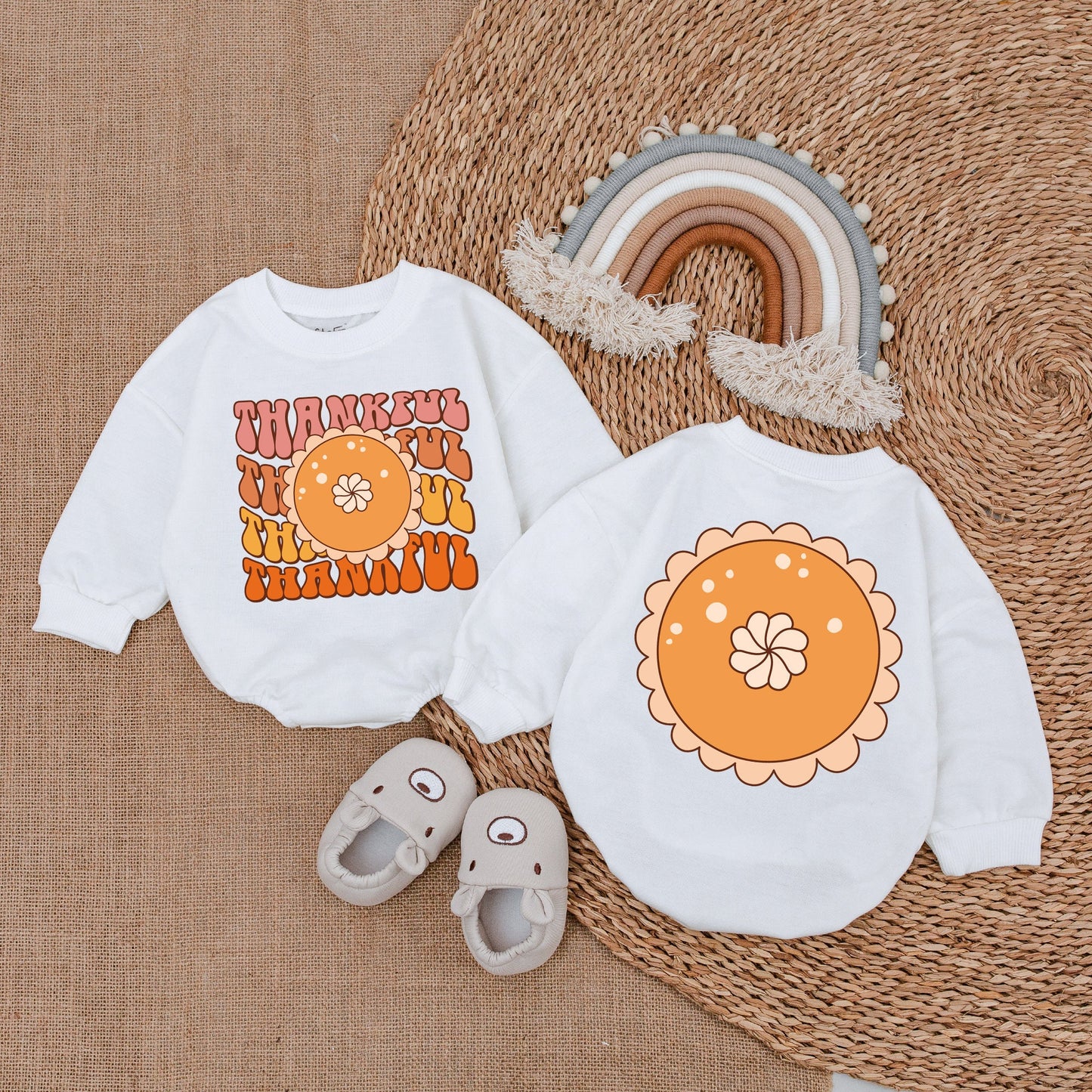 My First Thanksgiving Thankful Baby Bubble Romper Retro Fall Outfit Peach Orange Pie Design Autumnal Infant Clothes Brown Hues