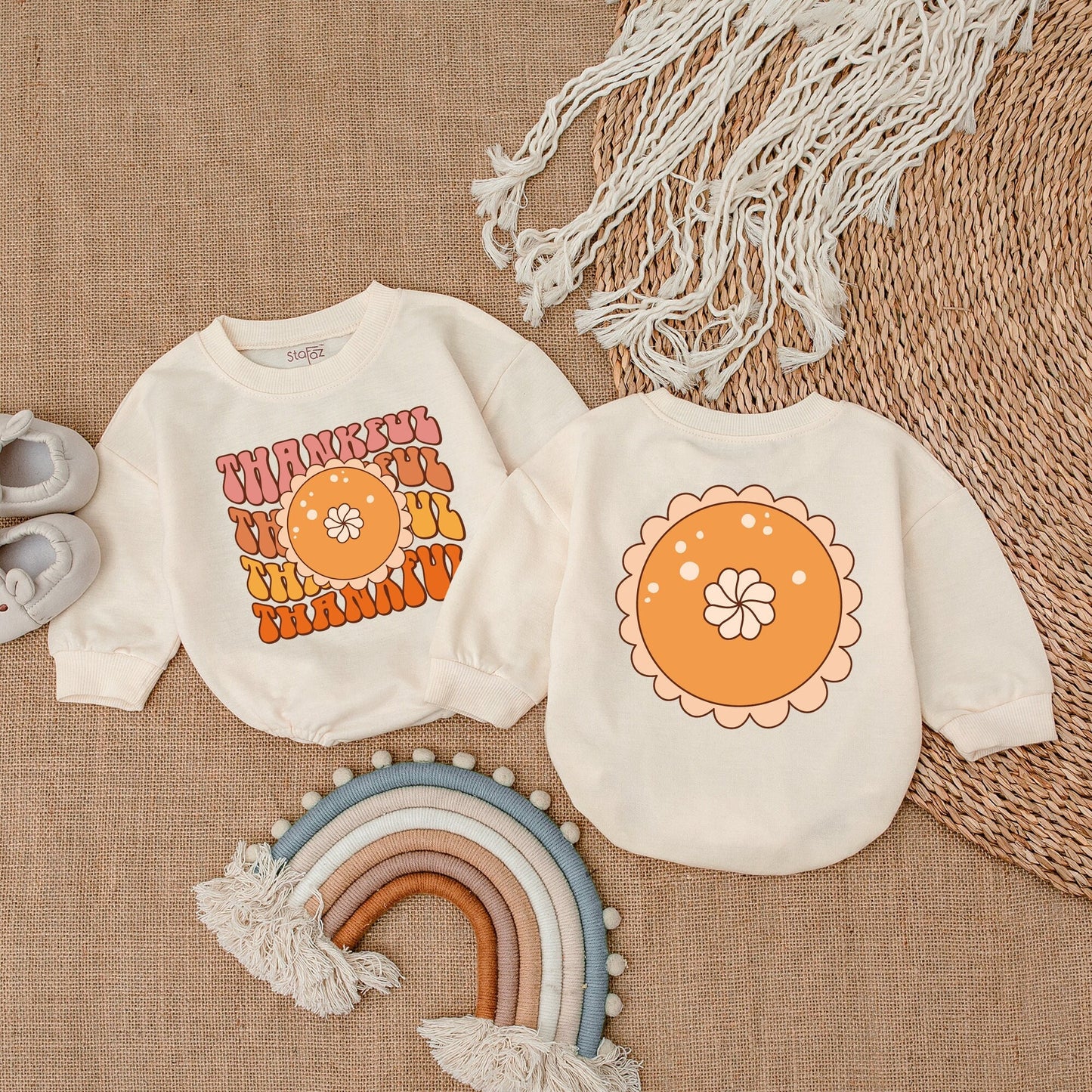 My First Thanksgiving Thankful Baby Bubble Romper Retro Fall Outfit Peach Orange Pie Design Autumnal Infant Clothes Brown Hues