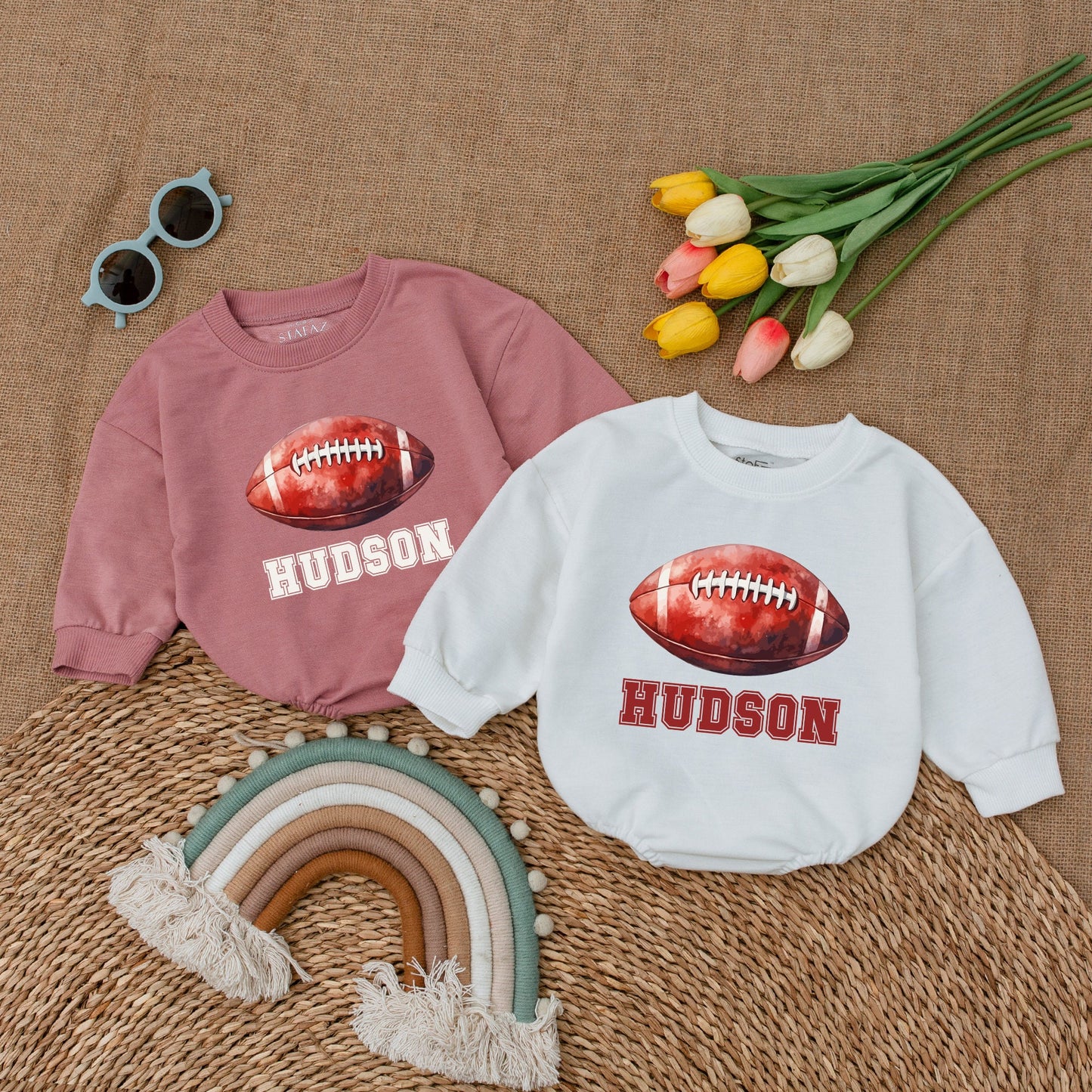 Custom Name Football Baby Romper – Game Day Baby Shower Gift