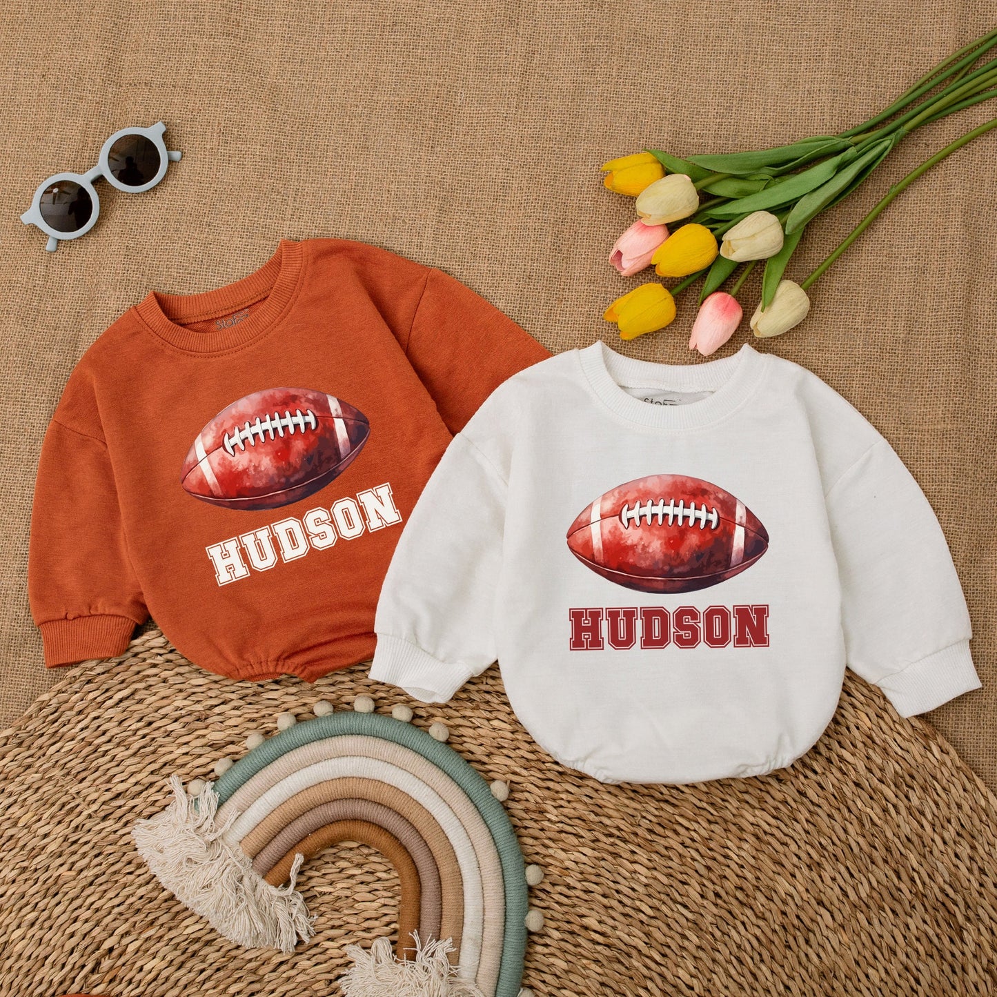 Custom Name Football Baby Romper – Game Day Baby Shower Gift