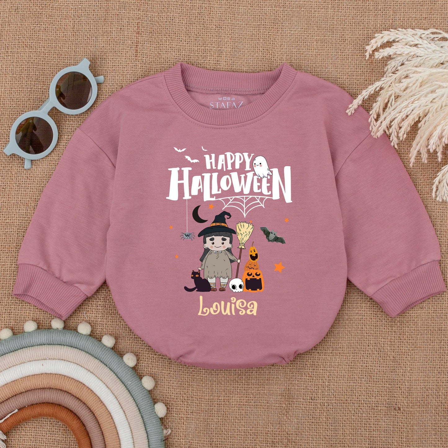 Happy Halloween Bubble Romper Baby Girl Boy Witch Cat Pumpkin Ghost Design Louisa Name Print Infant Outfit Bat Spiderweb Gift