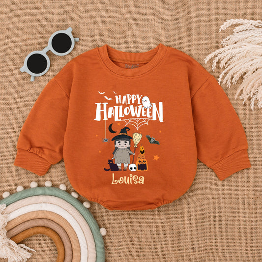 Happy Halloween Bubble Romper Baby Girl Boy Witch Cat Pumpkin Ghost Design Louisa Name Print Infant Outfit Bat Spiderweb Gift