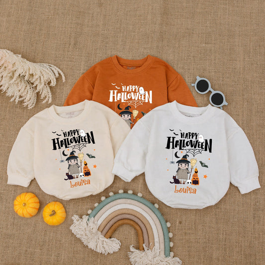 Happy Halloween Bubble Romper Baby Girl Boy Witch Cat Pumpkin Ghost Design Louisa Name Print Infant Outfit Bat Spiderweb Gift