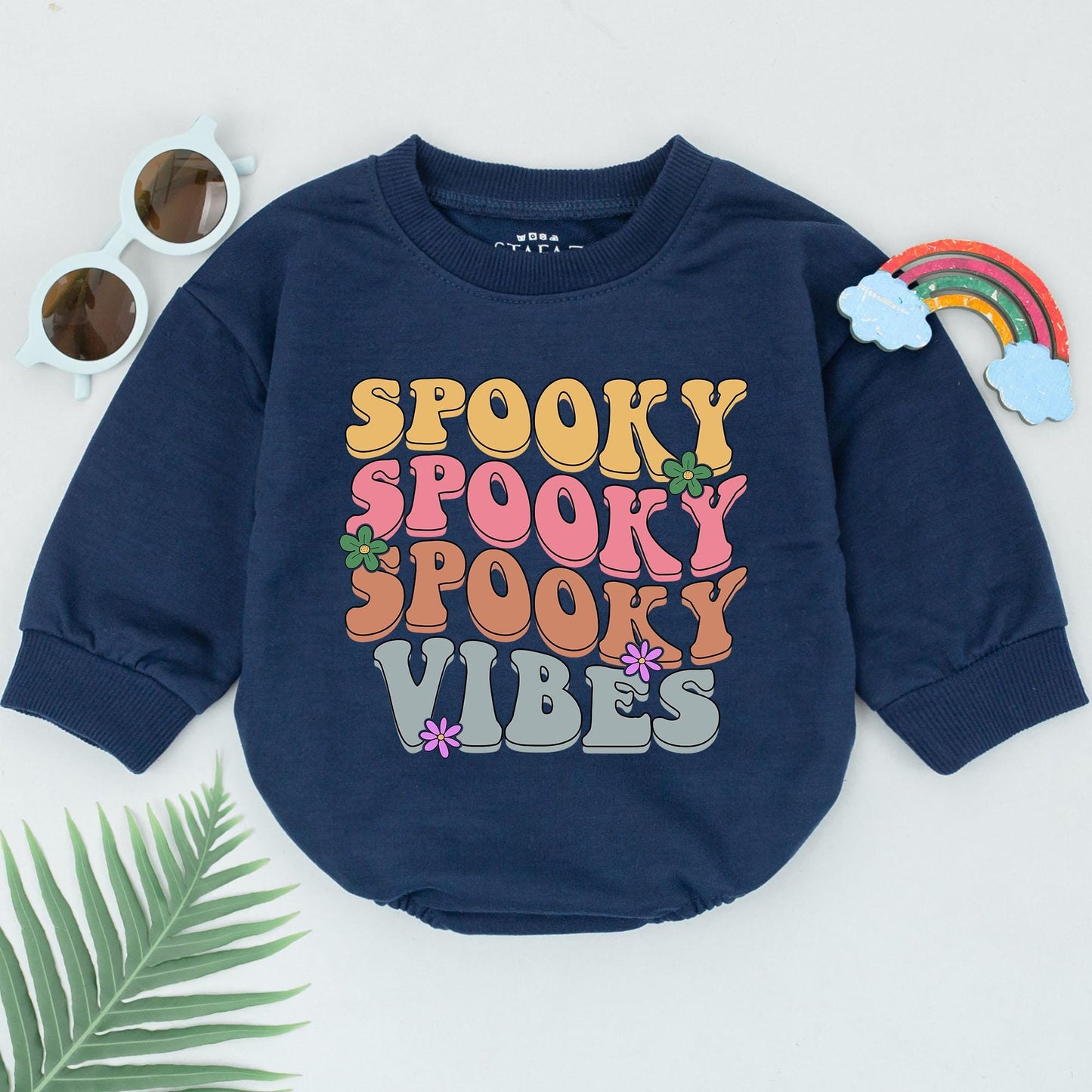 Retro Groovy Spooky Vibes Baby Romper First Halloween Newborn Outfit Girls Boys, Yellow Pink Orange Blue Flower Accents Cute Fall Baby Shower Gift