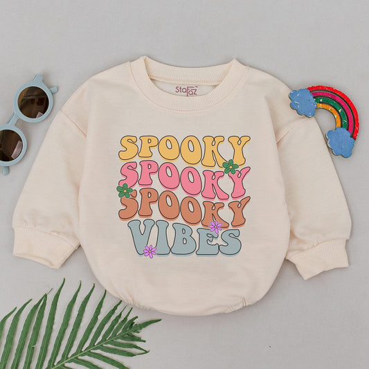Retro Groovy Spooky Vibes Baby Romper First Halloween Newborn Outfit Girls Boys, Yellow Pink Orange Blue Flower Accents Cute Fall Baby Shower Gift