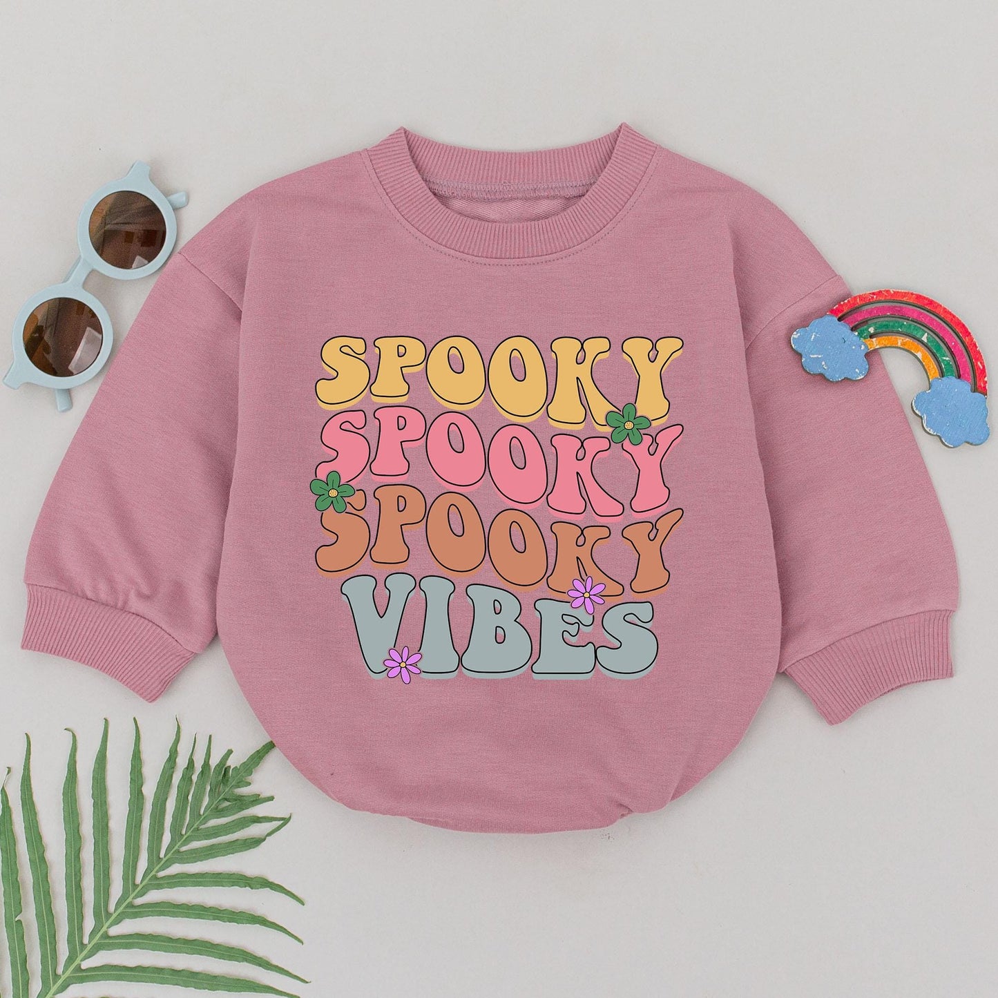 Retro Groovy Spooky Vibes Baby Romper First Halloween Newborn Outfit Girls Boys, Yellow Pink Orange Blue Flower Accents Cute Fall Baby Shower Gift