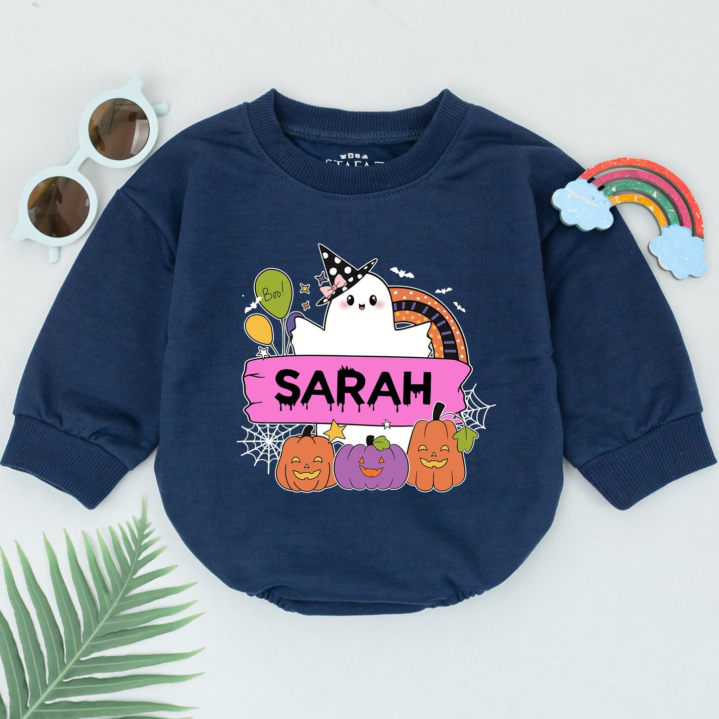 Personalized Sarah's Spooky Halloween Romper, Ghost & Jack-O-Lanterns Baby Outfit, Boo Balloons, Cute First Halloween Baby Shower Gift, Spooky Fun (139 chars)