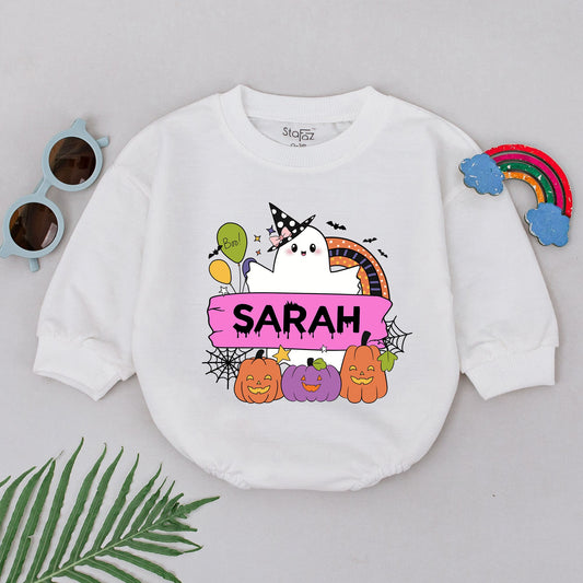 Personalized Sarah's Spooky Halloween Romper, Ghost & Jack-O-Lanterns Baby Outfit, Boo Balloons, Cute First Halloween Baby Shower Gift, Spooky Fun (139 chars)