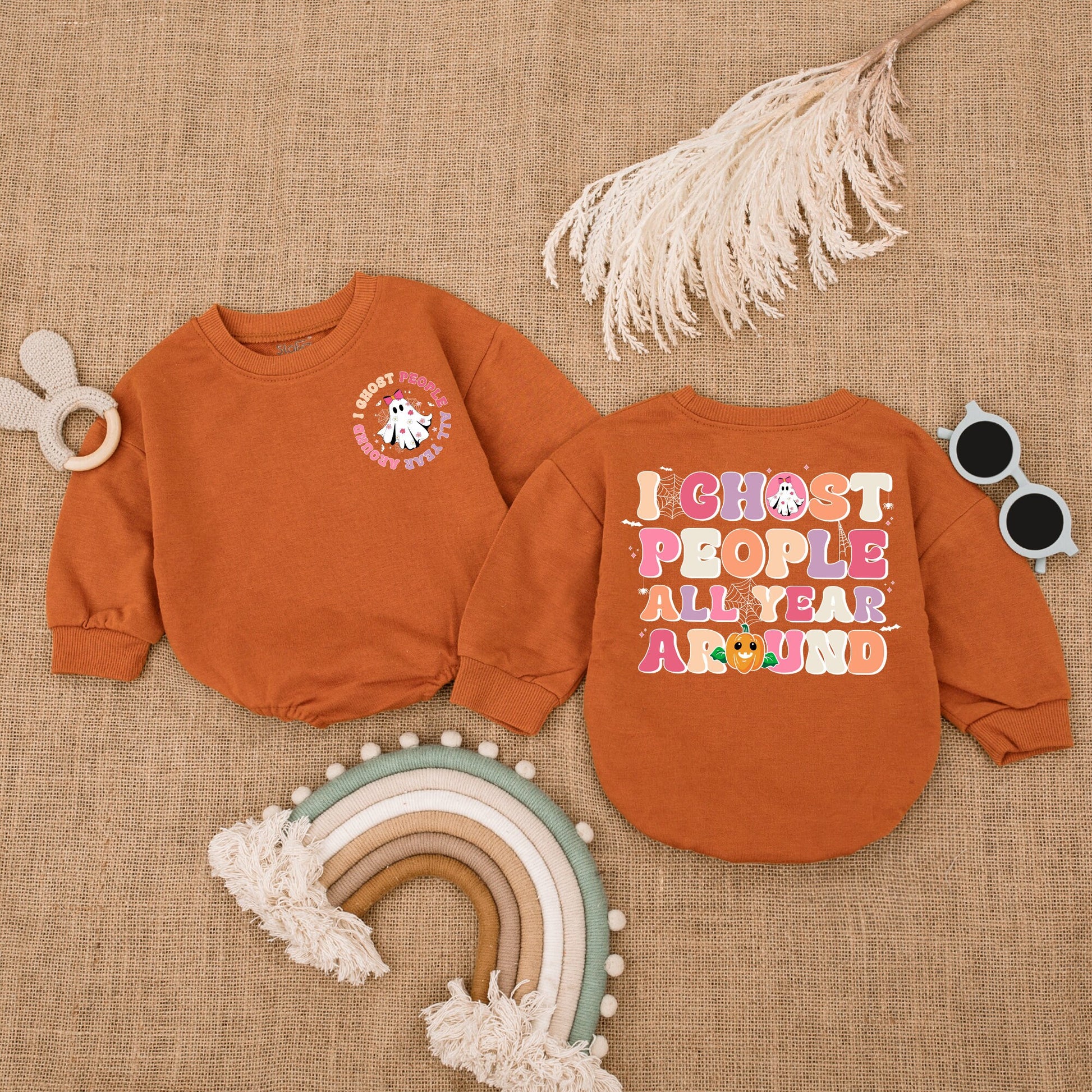 I Ghost People All Year Around Baby Bodysuit Retro Halloween Ghost Pumpkin Whimsical Infant Girl Boy Outfit with Pink Bow Bats and Spiderwebs Shower Gift