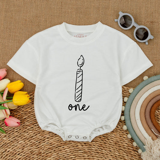 First Birthday Candle Romper, Sparkly One Candle Baby Bodysuit Outfit, Cute Cake Smash Shirt, Short Sleeve 1st Birthday Girl Clothes, Party Outfit
