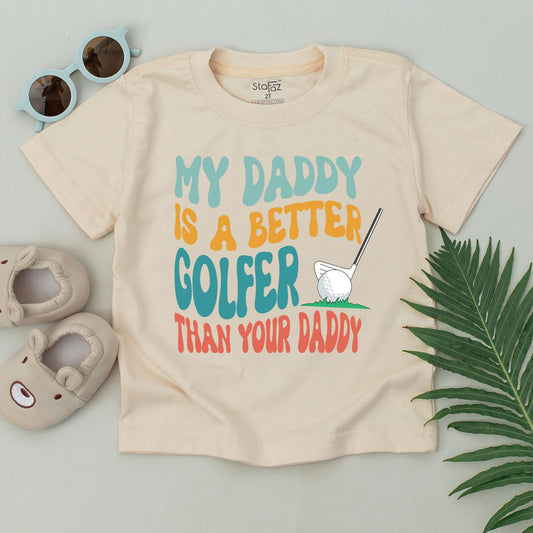 My Daddy Is A Better Golfer Than Your Daddy T-Shirt Retro Wavy Font Teal Orange Coral Golf Ball Grass Club Baby Toddler Gift