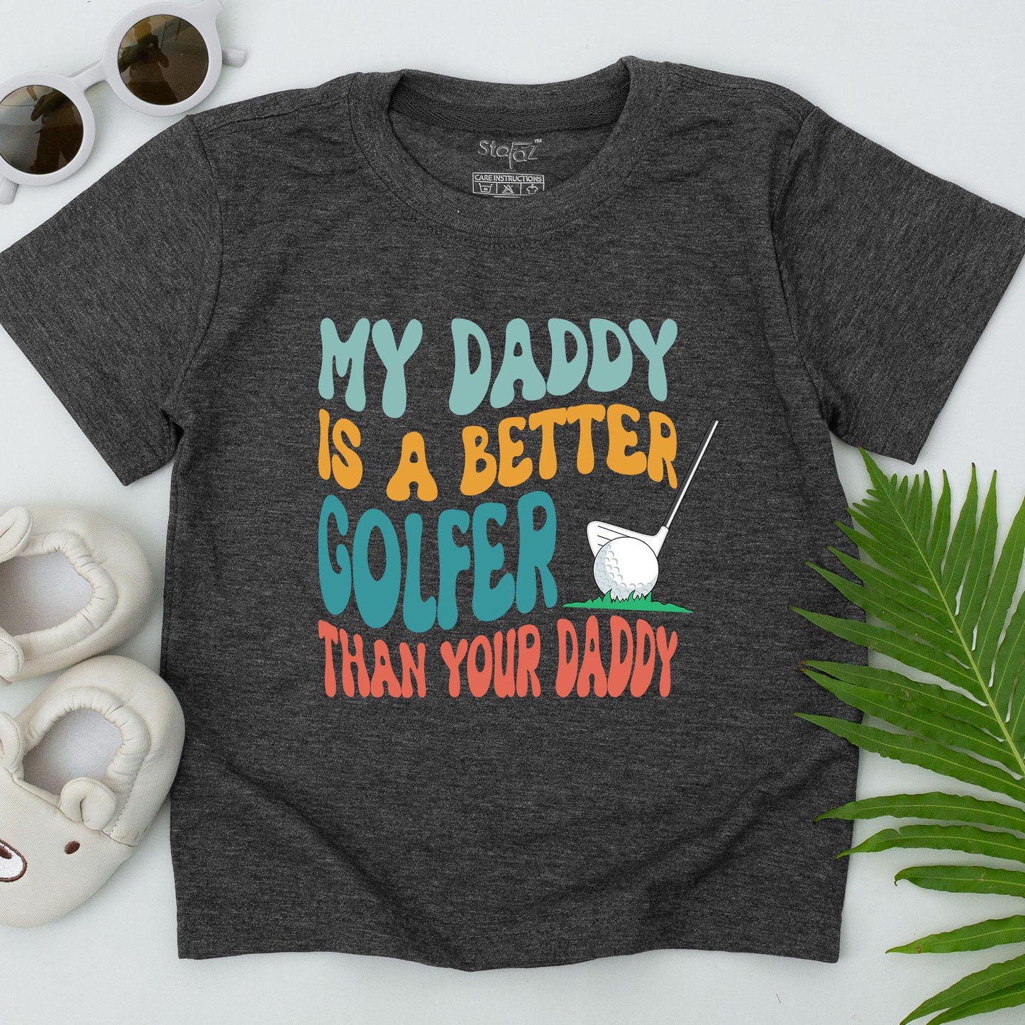 My Daddy Is A Better Golfer Than Your Daddy T-Shirt Retro Wavy Font Teal Orange Coral Golf Ball Grass Club Baby Toddler Gift