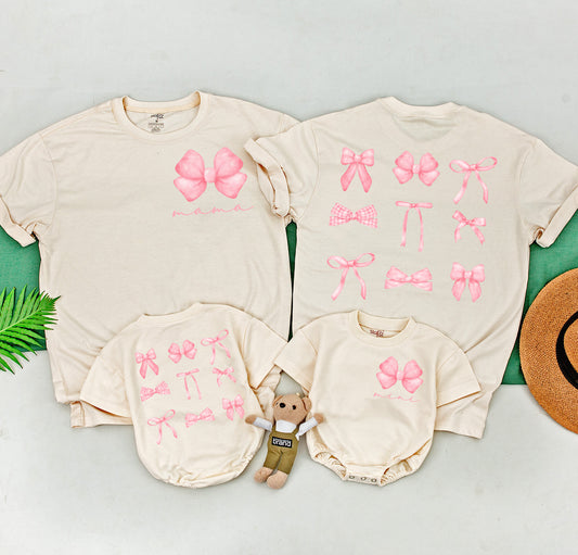 Mama and Mini Pink Bow Shirt: Aesthetic Matching Family Tee with Gingham & Ribbon Accents, Soft Girl Baby Toddler Fashion, Whimsical Outfit Cute Style