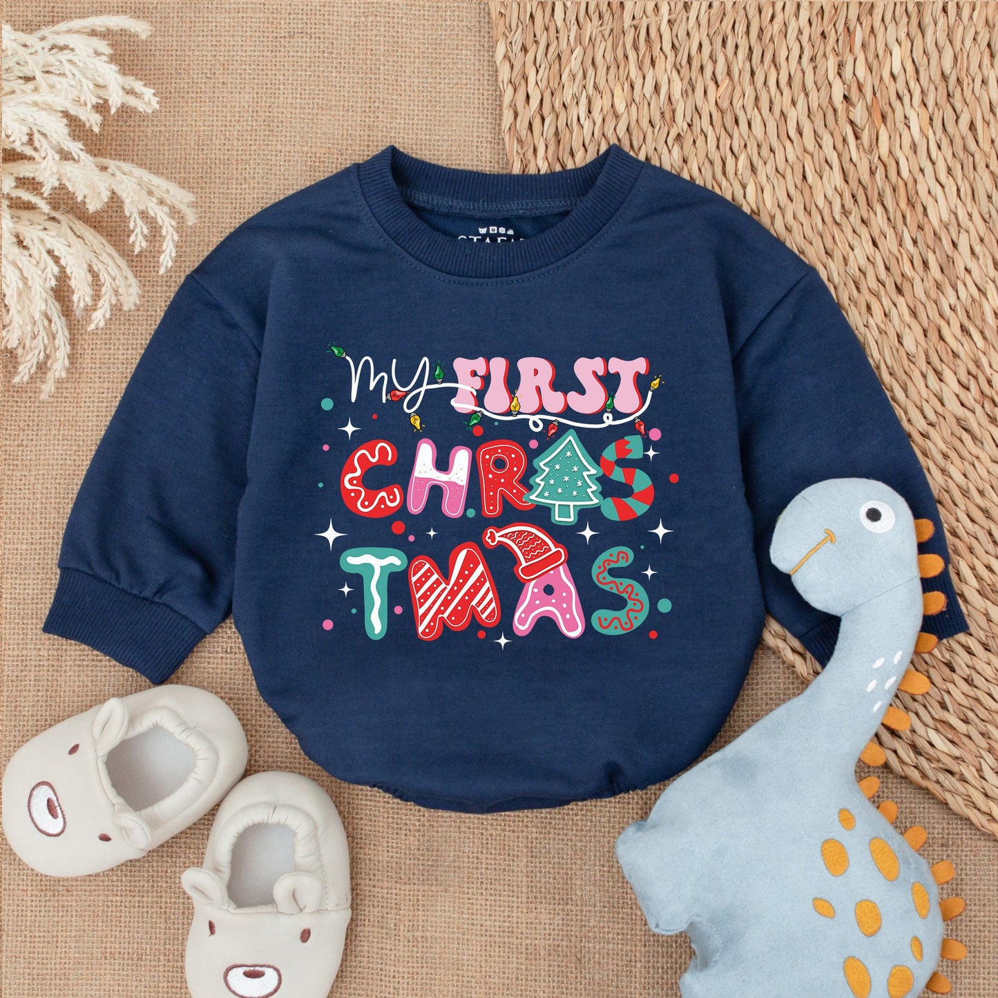 My First Christmas Baby Romper Colorful Lights Print Outfit, playful whimsical long sleeve bodysuit with pink red teal patterns perfect for baby's first holiday gift