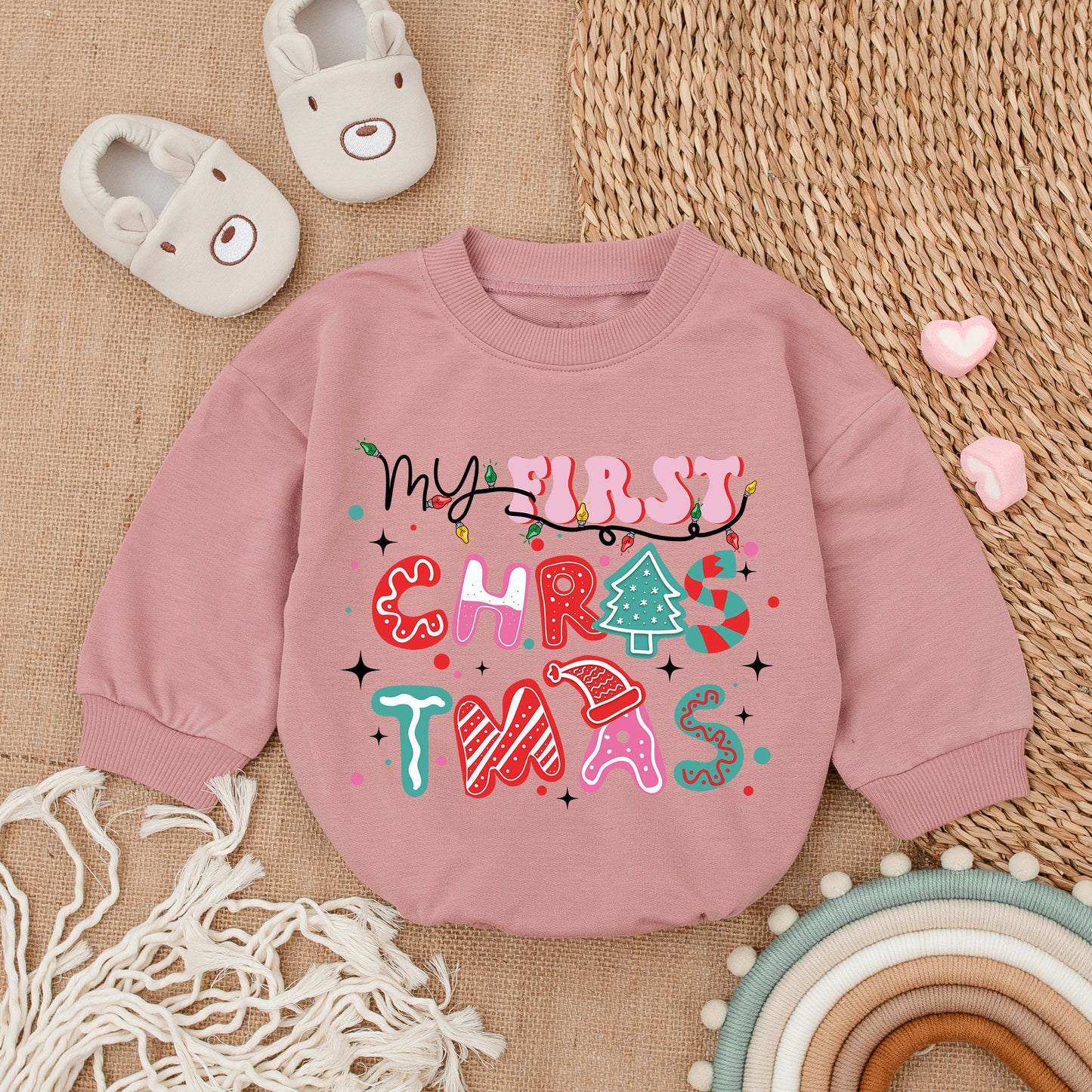 My First Christmas Baby Romper Colorful Lights Print Outfit, playful whimsical long sleeve bodysuit with pink red teal patterns perfect for baby's first holiday gift