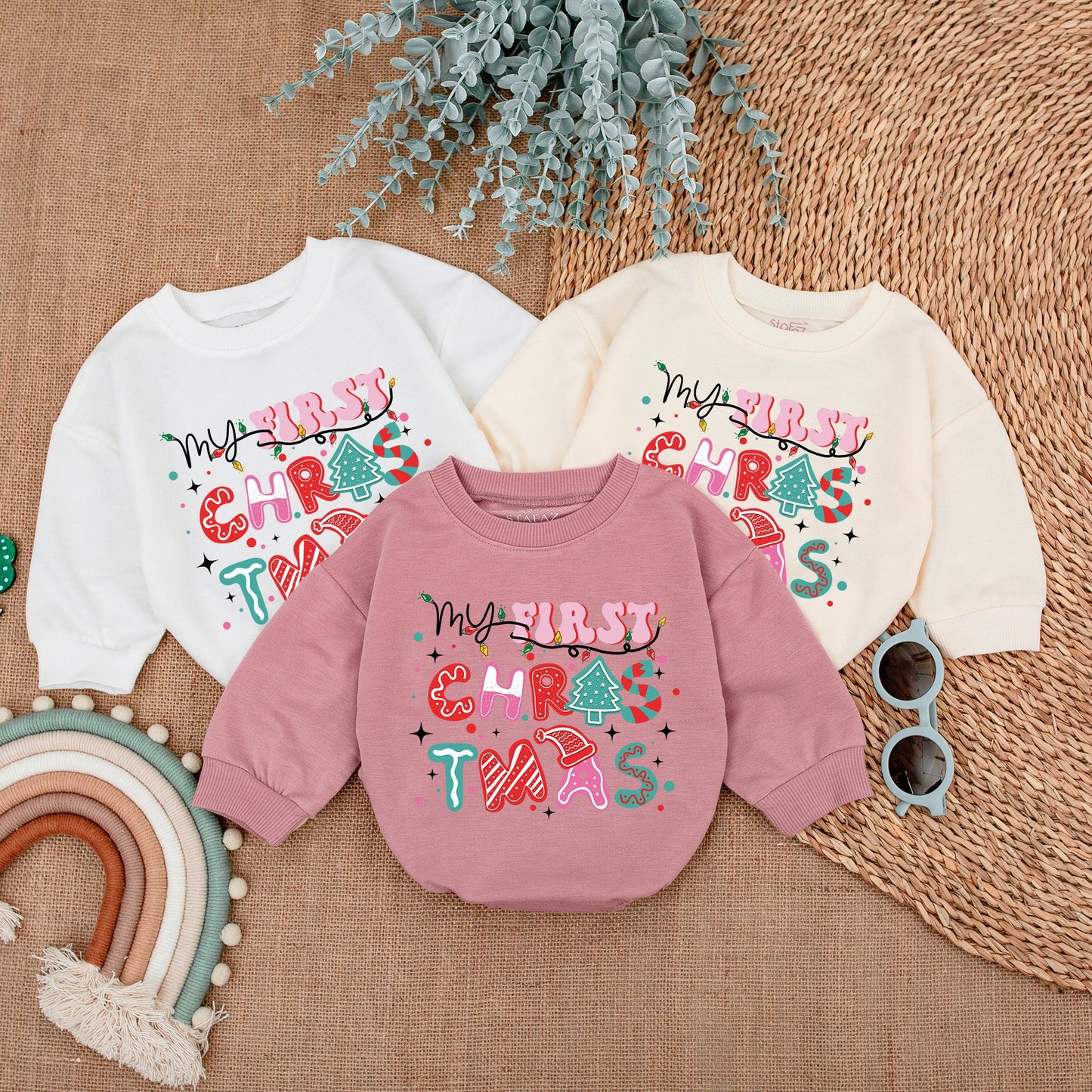 My First Christmas Baby Romper Colorful Lights Print Outfit, playful whimsical long sleeve bodysuit with pink red teal patterns perfect for baby's first holiday gift