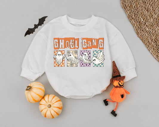 Retro Ghoul Gang First Halloween Baby Boy Girl Romper with Adorable Cartoon Ghosts perfect Autumn outfit featuring playful orange purple patterns and vintage Boo style