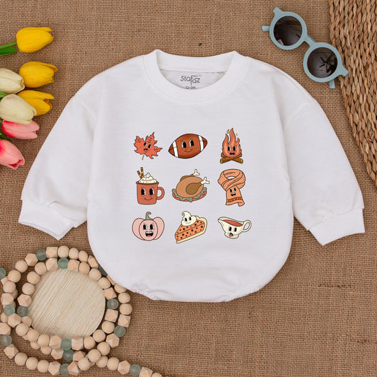 Retro Thanksgiving Baby Bubble Romper Fall Bodysuit for Newborn Girl Outfit Autumn Baby Shower Gift Pumpkin Patch Season Boho Style