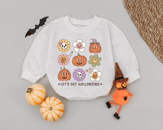 Let's Get Halloweird Baby Romper Retro Flower Pumpkin Skull Halloween Groovy Infant Bodysuit Cute Spooky Fall Baby Shower Gift Clothes