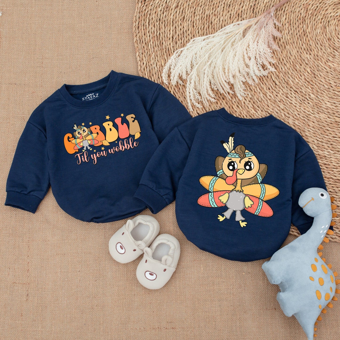 Gobble Til You Wobble Baby Romper Thanksgiving Outfit Turkey with Headdress & Stars Baby Fall Clothes Cute Retro Design