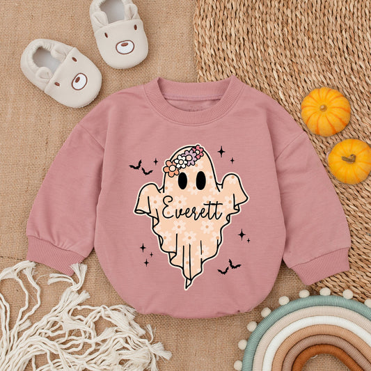 Everett Ghost Daisy Halloween Baby Bodysuit First Fall Outfit Cute Ghostly Girl Romper White Stars Bats