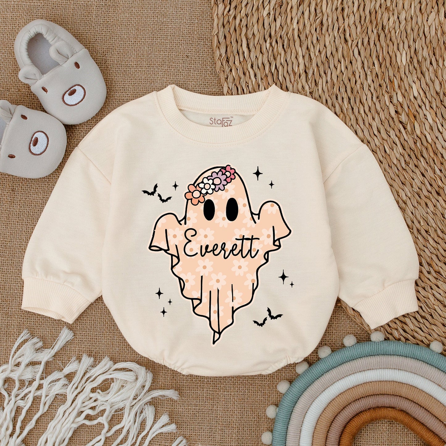 Everett Ghost Daisy Halloween Baby Bodysuit First Fall Outfit Cute Ghostly Girl Romper White Stars Bats