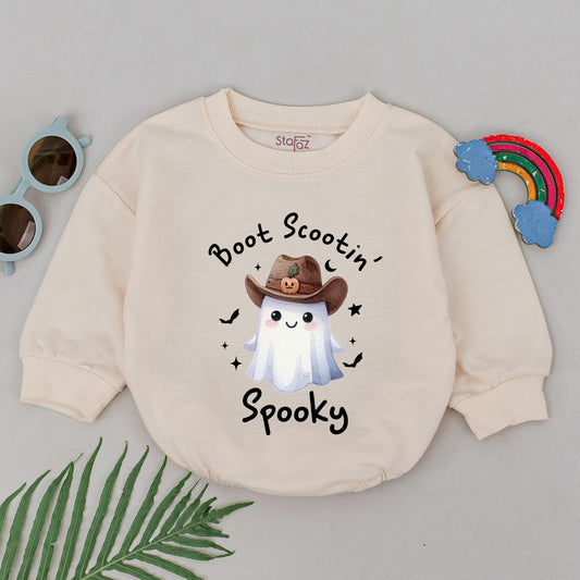 Boot Scootin' Spooky Ghost Romper, First Halloween Outfit, Cute Cowboy Baby Bodysuit, Western Newborn Girl Clothes, Halloween Party Costume 135