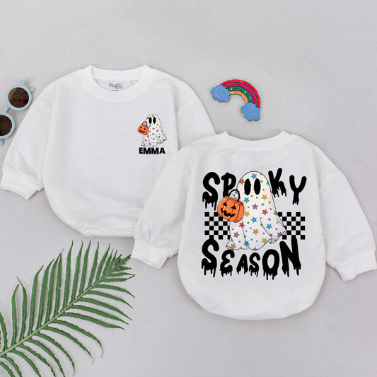 Personalized Spooky Season Baby Romper with Star Ghost Jack-o'-Lantern Checkered Design First Halloween Outfit Shower Gift Newborn Girls Boys