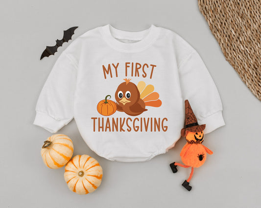 My First Thanksgiving Romper featuring a cute little turkey holding a pumpkin, perfect soft cotton baby bodysuit for autumn holiday photoshoots