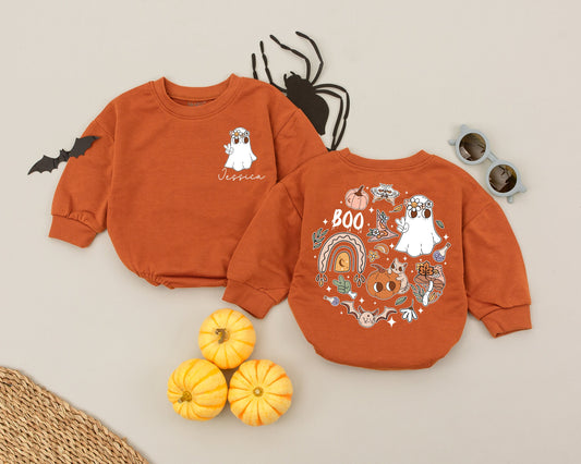 Custom Retro Halloween Romper for Baby Boys Girls Jessica Boo Ghost Floral Crown Autumnal Outfit Toddler Infant First Halloween Costume Comfort