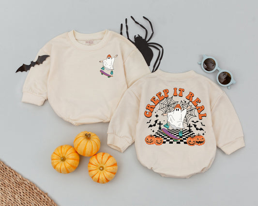 Creep It Real Ghost Baby Romper Retro Halloween Graphic Toddler Infant Boy Girl Outfit Pumpkin Season First Halloween Costume Celebration Outfit