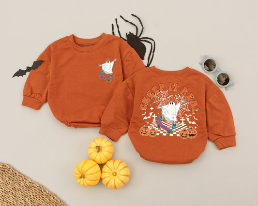 Creep It Real Ghost Baby Romper Retro Halloween Graphic Toddler Infant Boy Girl Outfit Pumpkin Season First Halloween Costume Celebration Outfit