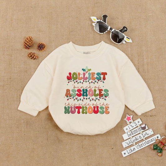 Jolliest Bunch Of Assholes This Side Of The Nuthouse Funny Christmas Baby Romper First Holiday Infant Outfit Newborn Baby Shower Gift Idea