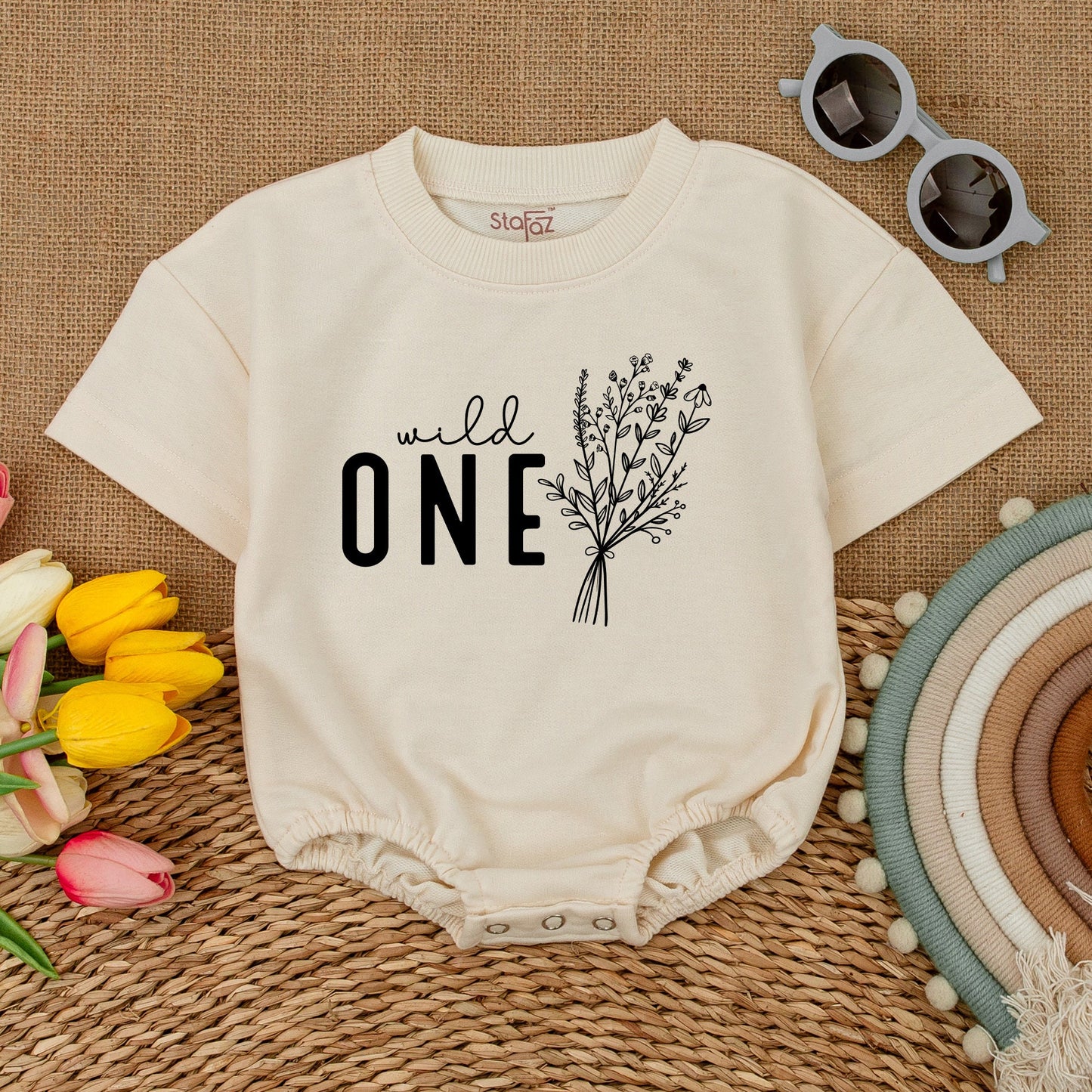 Wild One Birthday Romper Baby Girl, Wildflower Cake Smash Outfit, Daisy Newborn Bubble Romper, Short Sleeve, Boho First Birthday Outfit Clothes Gift